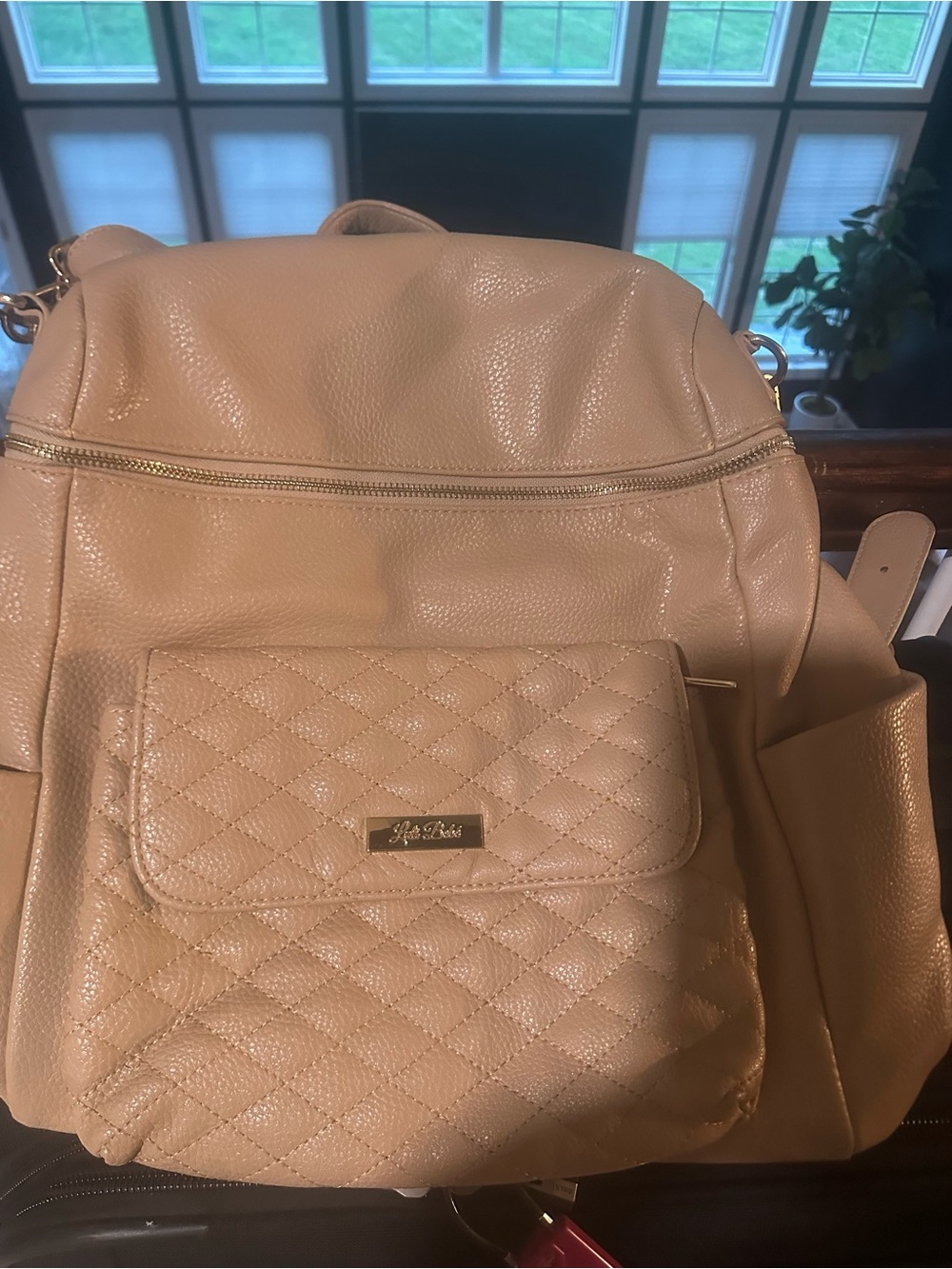 Quilted Front Pocket Beige Backpack Diaper Bag- Women Bags